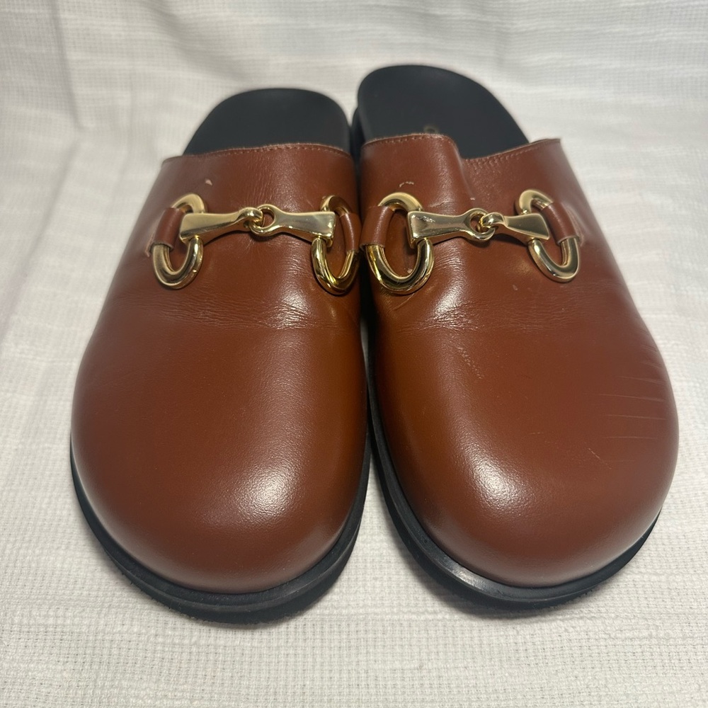 Pilcro Chestnut Leather Slip-Ons with Gold Detail